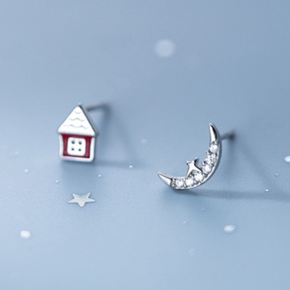 Sterling Silver Moon House Earrings Cute Red Home Rhinestone Moon Stud Earrings